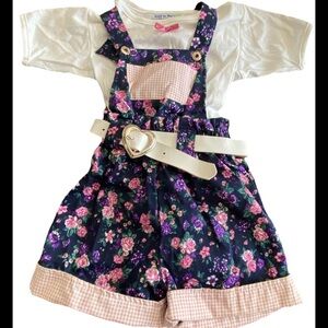 Vtg 90s floral Overalls with heart Belt 2t